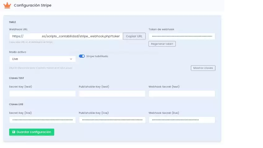 Configuración de Stripe en Fichalia