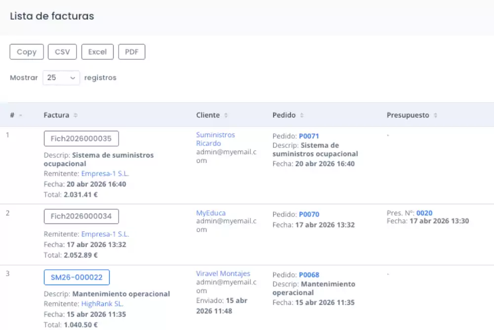 Lista de facturas con acciones disponibles
