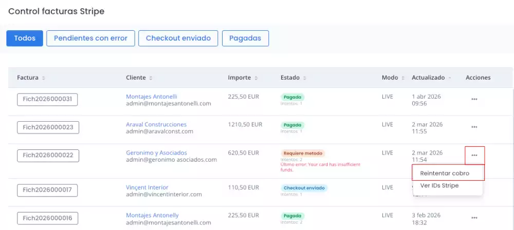 Gestor de facturas emitidas con Stripe