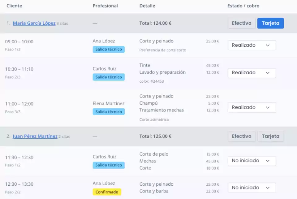 citas de los clientes con detalle de servicios