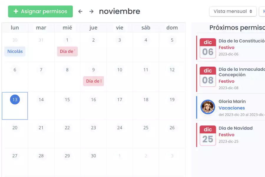 vacaciones, permisos y festivos