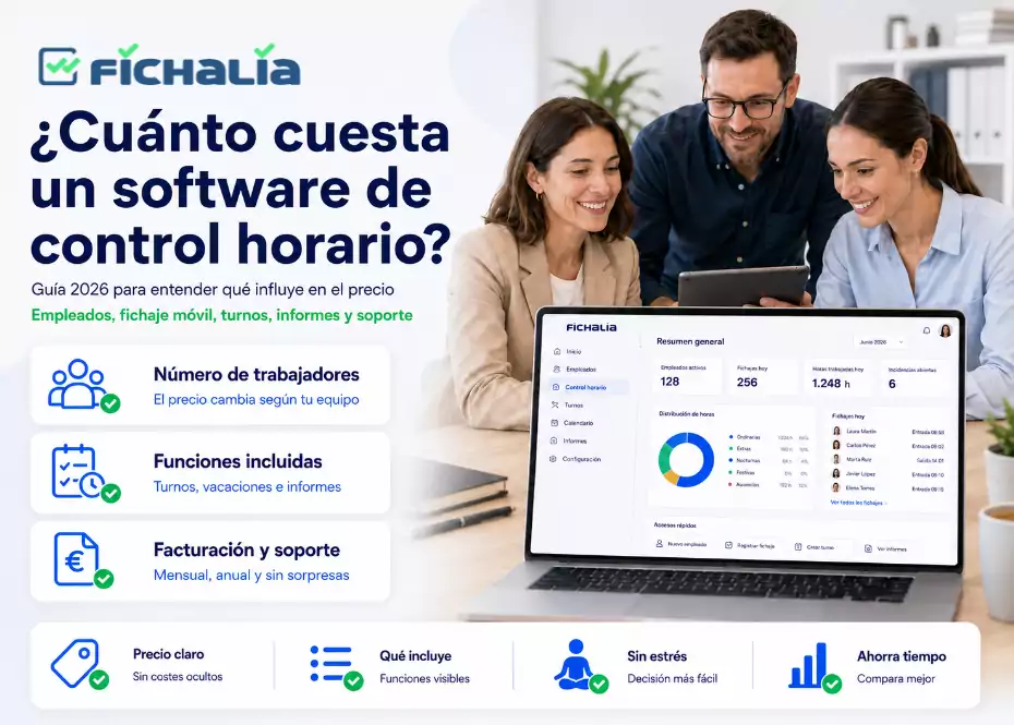 Equipo de empresa consulta un software de control horario en un portátil con información sobre precio, funciones incluidas, número de trabajadores y soporte.