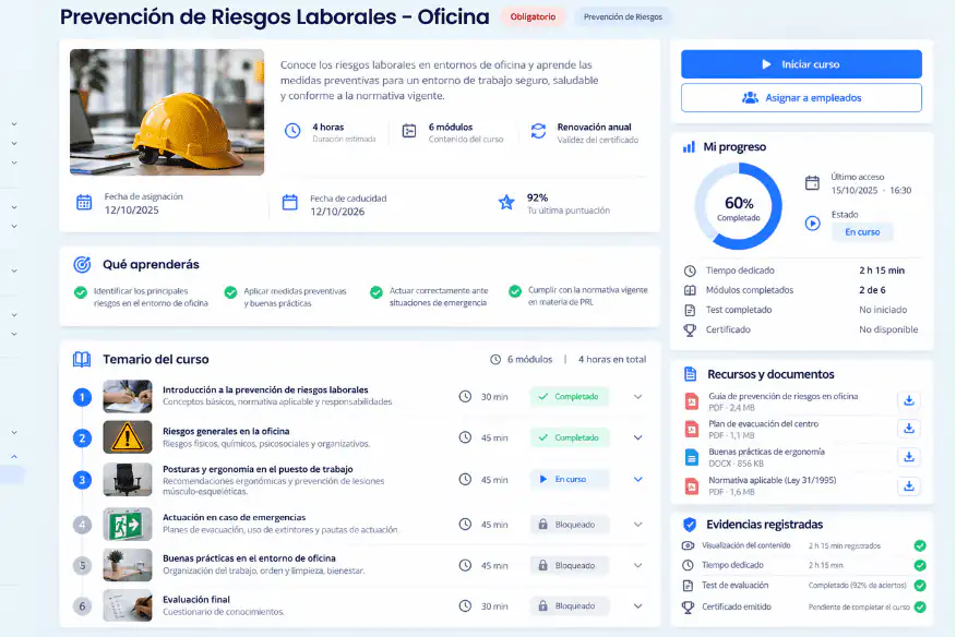 Pantalla con el curso de prevención de riesgos laborales para oficina