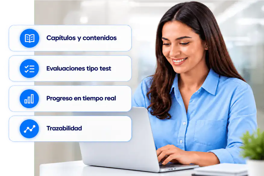 Mujer realizando formación de Riesgos Laborales en la App de Fichalia.es