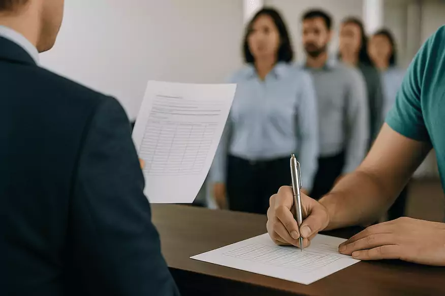 trabajadores hacen cola para firmar el registro horario en papel