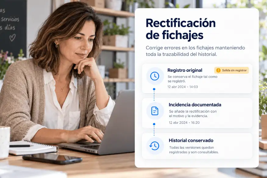 Responsable revisando una rectificación de fichajes con el registro original, la incidencia documentada y el historial conservado.