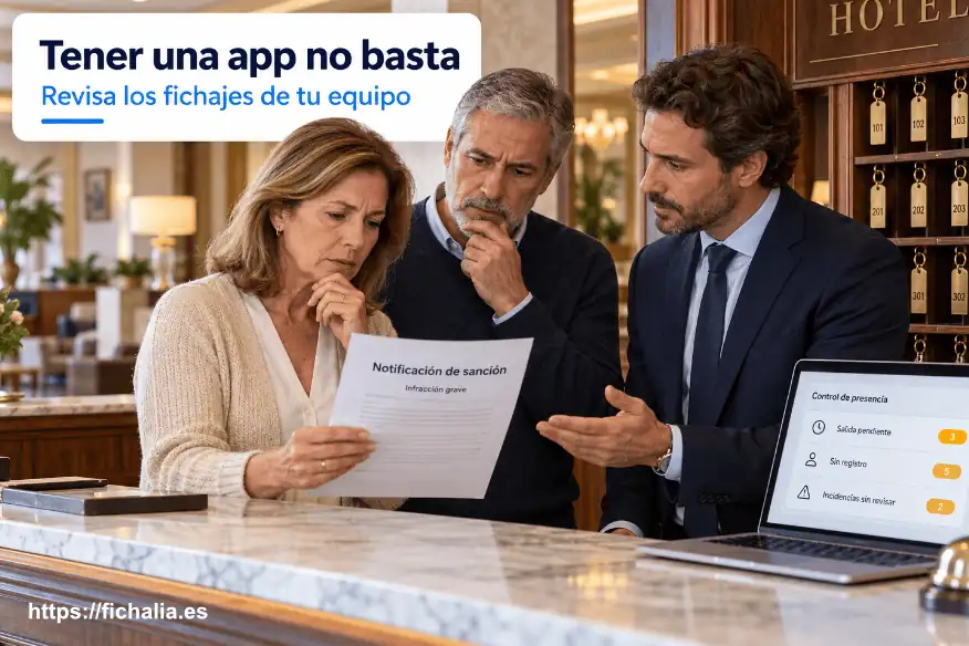 Propietarios de un hotel y su director revisando una notificación de sanción grave junto a registros de fichaje incompletos.