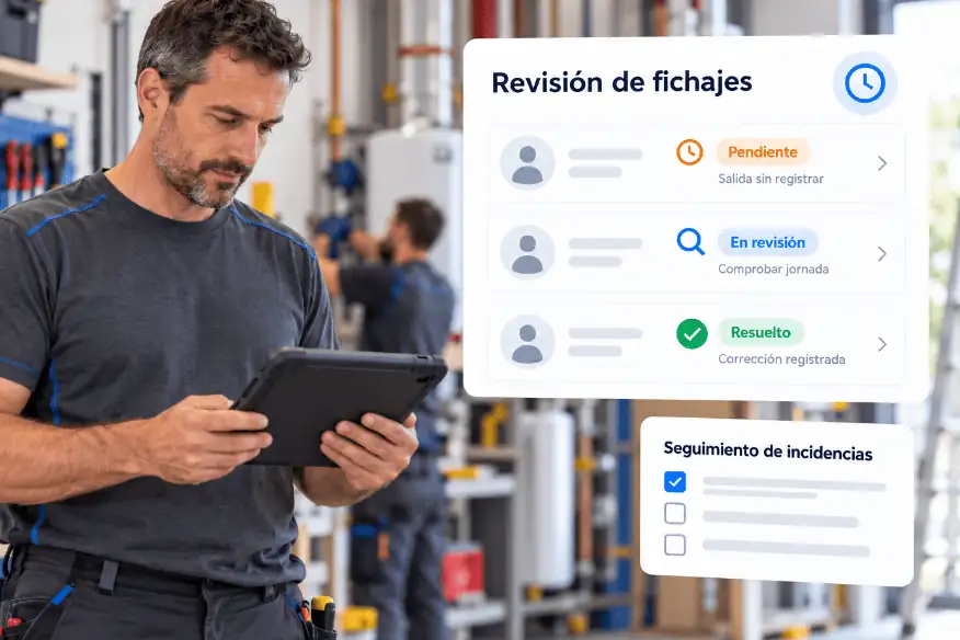 Responsable de mantenimiento revisando incidencias de fichaje desde una tablet en su lugar de trabajo.